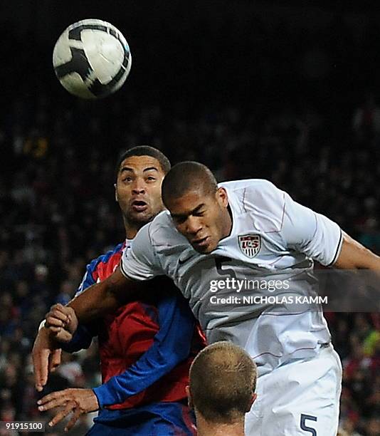 Us defender Oguchi Onyewu vies with Costa Rican forward Alvoro Saborio during a 2010 World Cup qualifier against Costa Rica at RFK Stadium in...