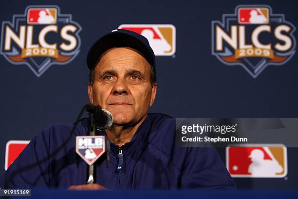 Manager Joe Torre of the Los Angeles Dodgers talks to the media prior to Game One of the NLCS during the 2009 MLB Playoffs against the Philadelphia...