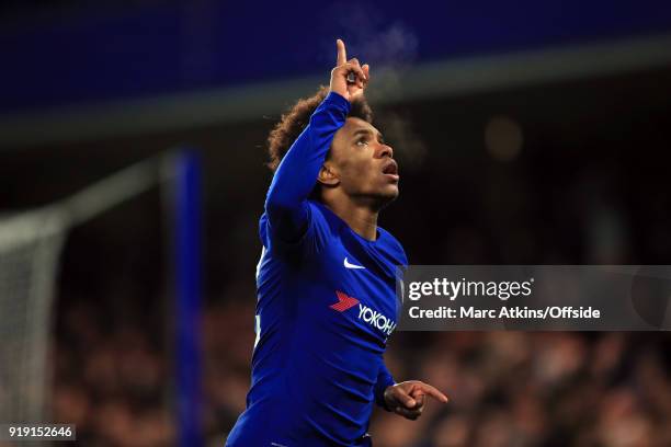 Willian of Chelsea celebrates during the FA Cup 5th Round match between Chelsea and Hull City at Stamford Bridge on February 16, 2018 in London,...