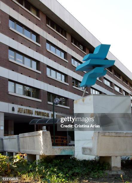 Provincial Headquarters of Traffic. Logotipo of the DGT to the entrance of the building in the street Arturo Soria of Madrid.