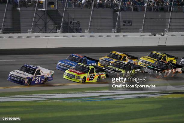 Johnny Sauter, GMS Racing, Allegiant Airlines Chevrolet Silverado leads during the NextEra Energy Resources 250 on Friday February 16 at Daytona...