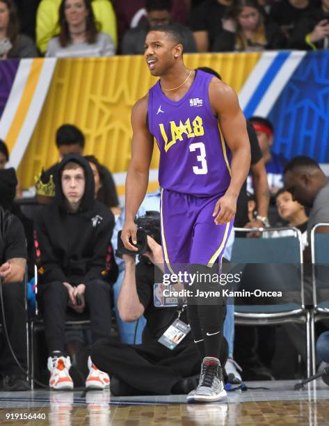 Michael B. Jordan plays during the 2018 NBA All-Star Game Celebrity Game at Los Angeles Convention Center on February 16, 2018 in Los Angeles,...