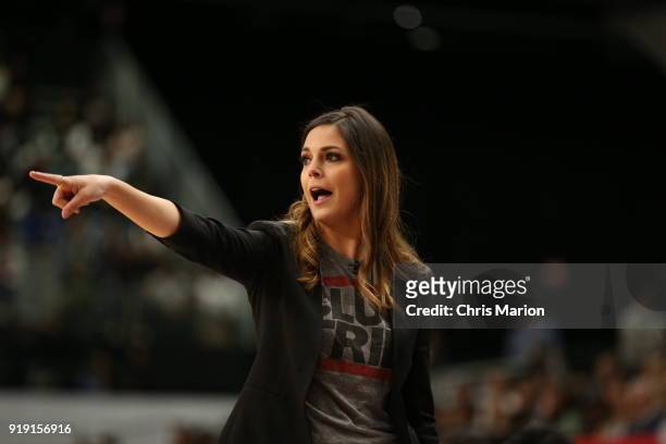 Commentator Katie Nolan points during the 2018 NBA All-Star Game Celebrity Game as part of 2018 NBA All-Star Weekend on February 16, 2018 at Verizon...