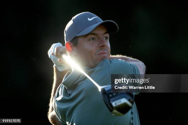 Rory McIlroy of Northern Ireland plays his shot from the 17th tee during the second round of the Genesis Open at Riviera Country Club on February 16,...