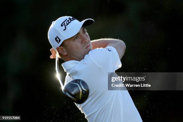 Justin Thomas plays his shot from the 17th tee during the second round of the Genesis Open at Riviera Country Club on February 16, 2018 in Pacific...