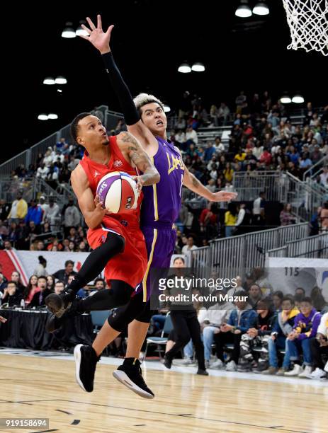 Olympic sprinter Andre De Grasse and actor Kris Wu play during the NBA All-Star Celebrity Game 2018 presented by Ruffles at Verizon Up Arena at LACC...