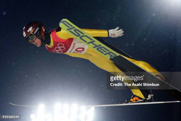 Junshiro Kobayashi of Japan competes during the Ski Jumping Men's Large Hill Individual Qualification on day seven of the PyeongChang Winter Olympic...