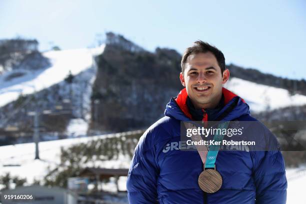 Dom Parsons of Great Britain pictured with his bronze medal for finishing third in the Men's Skeleton at the 2018 PyeongChang Winter Olympic Games on...