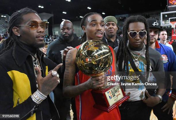 Recording artists Offset, Quavo, Takeoff of Migos pose during the 2018 NBA All-Star Game Celebrity Game at Los Angeles Convention Center on February...