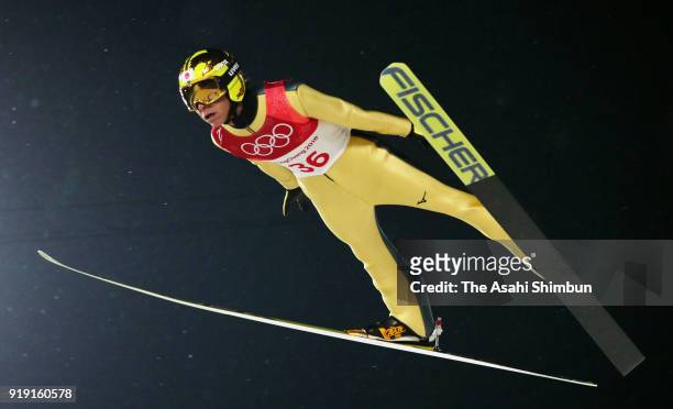 Noriaki Kasai of Japan competes during the Ski Jumping Men's Large Hill Individual Qualification on day seven of the PyeongChang Winter Olympic Games...