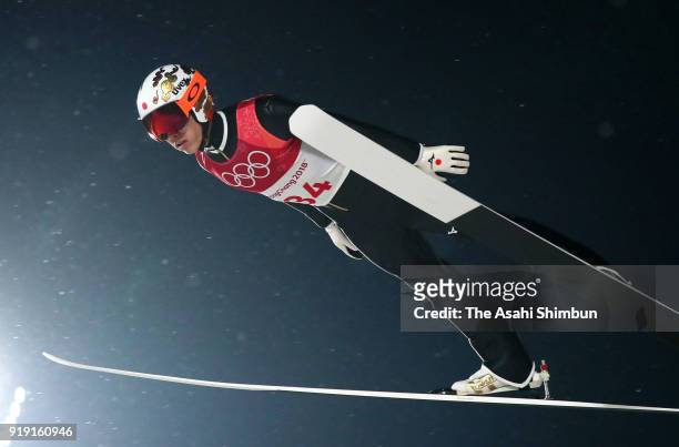 Taku Takeuchi of Japan competes during the Ski Jumping Men's Large Hill Individual Qualification on day seven of the PyeongChang Winter Olympic Games...