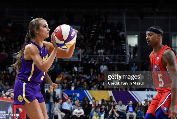 Rachel DeMita and Brandon Armstrong play during the NBA All-Star Celebrity Game 2018 presented by Ruffles at Verizon Up Arena at LACC on February 16,...