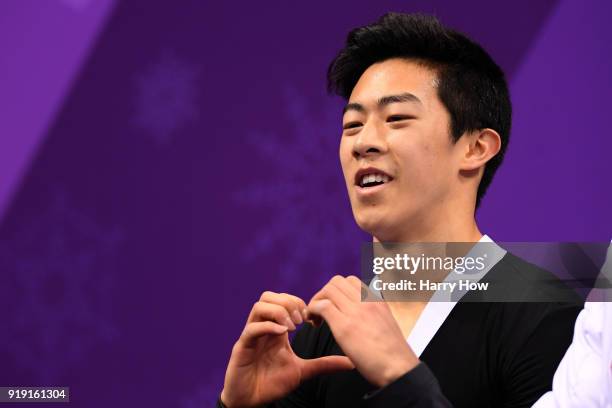 Nathan Chen of the United States reacts after competing during the Men's Single Free Program on day eight of the PyeongChang 2018 Winter Olympic...