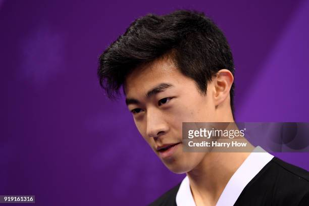 Nathan Chen of the United States reacts after competing during the Men's Single Free Program on day eight of the PyeongChang 2018 Winter Olympic...