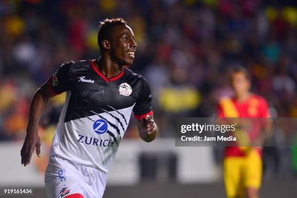 Julian Quiñones of Lobos BUAP celebrates after scoring opening goal during the 8th round match between Monarcas and Lobos BUAP as part of teh Torneo...