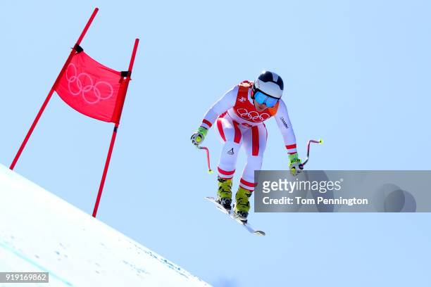 Nicole Schmidhofer of Austria competes during the Alpine Skiing Ladies Super-G on day eight of the PyeongChang 2018 Winter Olympic Games at Jeongseon...
