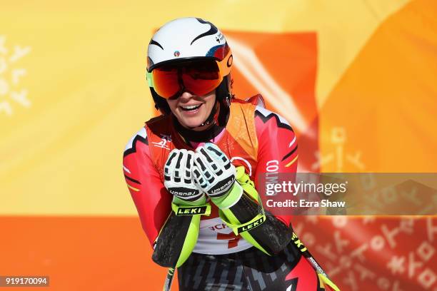 Tina Weirather of Liechtenstein reacts at the finish during the Alpine Skiing Ladies Super-G on day eight of the PyeongChang 2018 Winter Olympic...