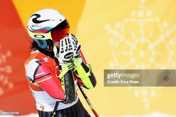 Tina Weirather of Liechtenstein reacts at the finish during the Alpine Skiing Ladies Super-G on day eight of the PyeongChang 2018 Winter Olympic...