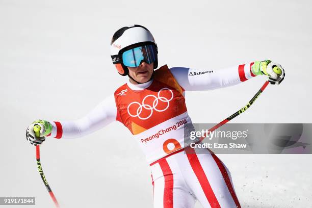 Nicole Schmidhofer of Austria reacts at the finish during the Alpine Skiing Ladies Super-G on day eight of the PyeongChang 2018 Winter Olympic Games...