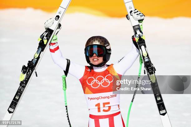 Anna Veith of Austria reacts at the finish during the Alpine Skiing Ladies Super-G on day eight of the PyeongChang 2018 Winter Olympic Games at...