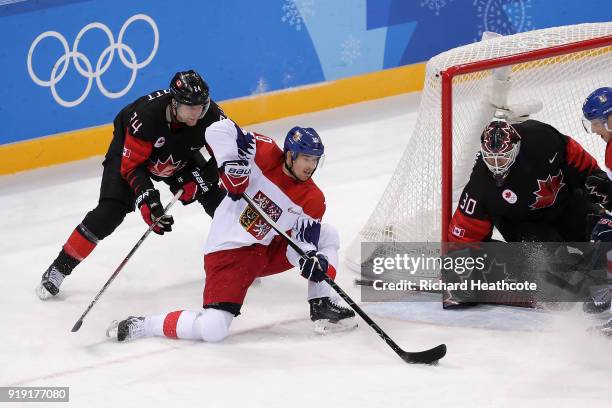 Roman Cervenka of the Czech Republic skates against Stefan Elliott of Canada during the Men's Ice Hockey Preliminary Round Group A game on day eight...