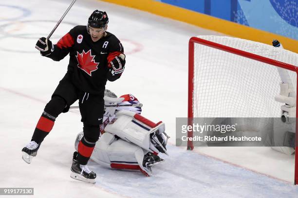Rene Bourque of Canada reacts after scoring a goal against Czech Republic during the Men's Ice Hockey Preliminary Round Group A game on day eight of...