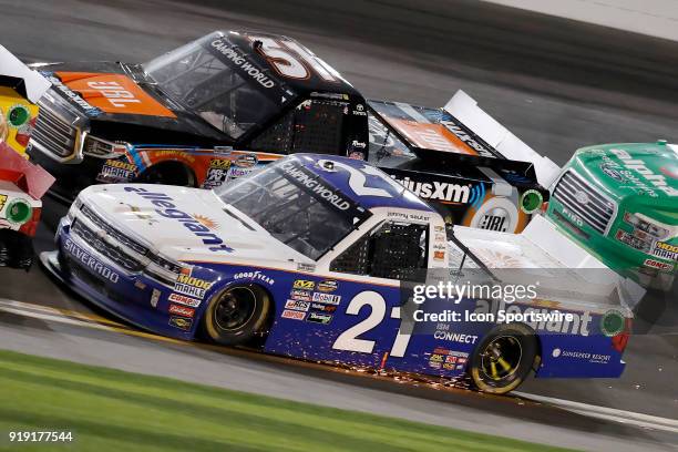 Sparks fly off the truck of Johnny Sauter, GMS Racing, Allegiant Airlines Chevrolet Silverado during the NextEra Energy Resources 250 on Friday...