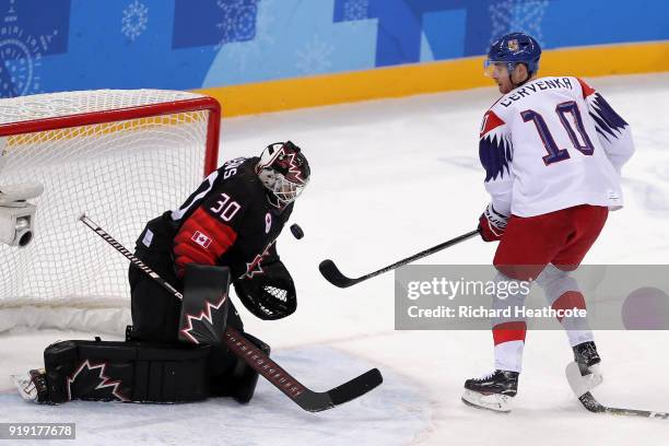 Ben Scrivens of Canada makes a save against Czech Republic in the first period during the Men's Ice Hockey Preliminary Round Group A game on day...