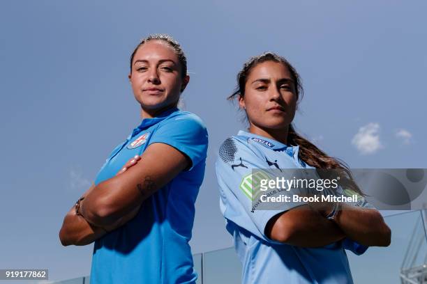 Melbourne City key player Kyah Simon and Sydney FC Captain Teresa Polias pose during the W-League 2018 Grand Final Media Conference & Photo...