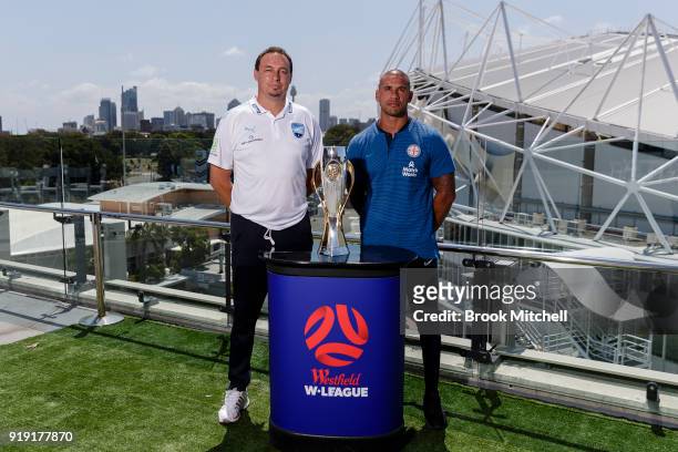 Sydney FC Head Coach Ante Juric and Melbourne City FC Head Coach Patrick Kisnorbo pose with the W-League trophy during the W-League 2018 Grand Final...
