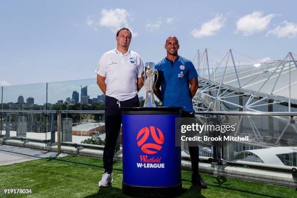 Sydney FC Head Coach Ante Juric and Melbourne City FC Head Coach Patrick Kisnorbo pose with the W-League trophy during the W-League 2018 Grand Final...