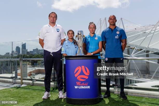 Sydney FC Head Coach Ante Juric, Sydney FC Captain Teresa Polias, Melbourne City key player Kyah Simon and Melbourne City FC Head Coach Patrick...