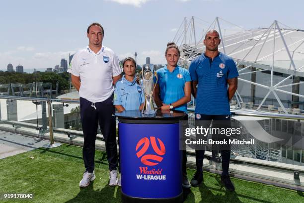 Sydney FC Head Coach Ante Juric, Sydney FC Captain Teresa Polias, Melbourne City key player Kyah Simon and Melbourne City FC Head Coach Patrick...