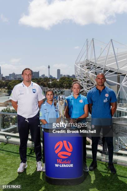 Sydney FC Head Coach Ante Juric, Sydney FC Captain Teresa Polias, Melbourne City key player Kyah Simon and Melbourne City FC Head Coach Patrick...