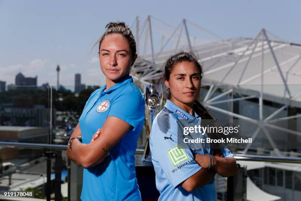 Melbourne City key player Kyah Simon and Sydney FC Captain Teresa Polias pose during the W-League 2018 Grand Final Media Conference & Photo...