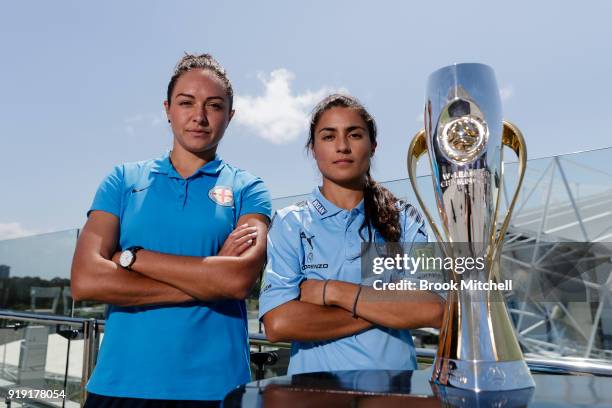 Melbourne City key player Kyah Simon and Sydney FC Captain Teresa Polias pose during the W-League 2018 Grand Final Media Conference & Photo...