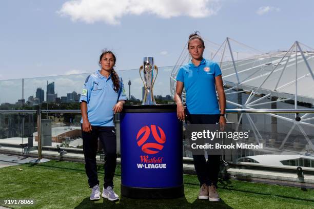 Melbourne City key player Kyah Simon and Sydney FC Captain Teresa Polias pose during the W-League 2018 Grand Final Media Conference & Photo...