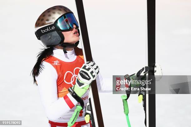 Anna Veith of Austria reacts at the finish during the Alpine Skiing Ladies Super-G on day eight of the PyeongChang 2018 Winter Olympic Games at...