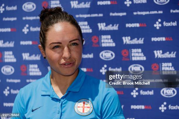 Melbourne City key player Kyah Simon speaks during the W-League 2018 Grand Final Media Conference & Photo Opportunity at Sydney Cricket Ground on...