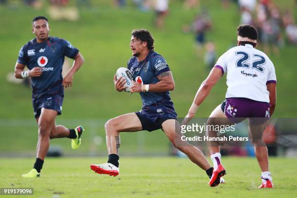 Anthony Gelling of the Warriors makes a break during the NRL trial match between the New Zealand Warriors and the Melbourne Storm at Rotorua...