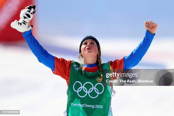 Michela Moioli of Italy celebrates winning the gold medal at the victory ceremony in the Ladies' Snowboard Cross on day seven of the PyeongChang 2018...