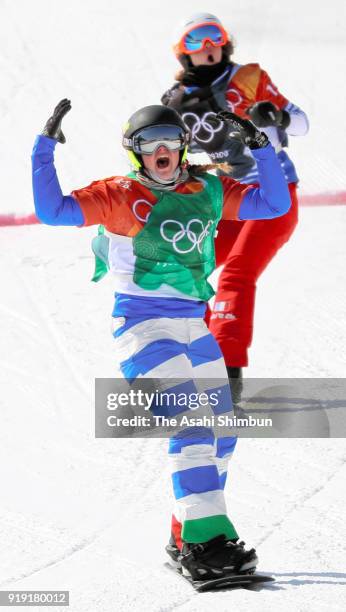 Michela Moioli of Italy celebrates winning gold in the Ladies' Snowboard Cross Big Final on day seven of the PyeongChang 2018 Winter Olympic Games at...