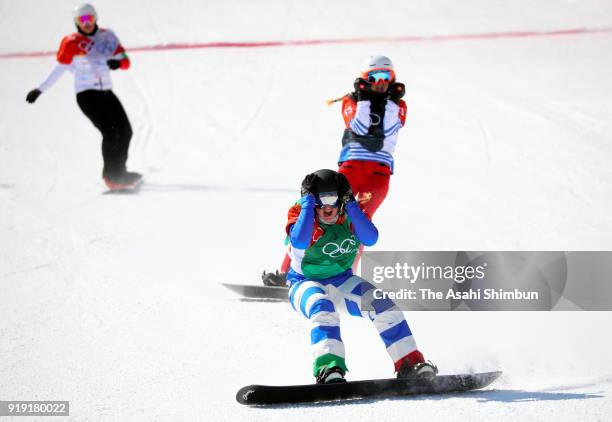 Michela Moioli of Italy celebrates winning gold in the Ladies' Snowboard Cross Big Final on day seven of the PyeongChang 2018 Winter Olympic Games at...