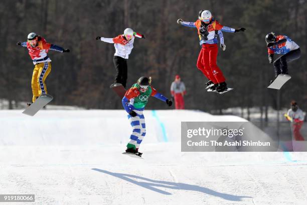 Michela Moioli of Italy leads in the Ladies' Snowboard Cross Big Final on day seven of the PyeongChang 2018 Winter Olympic Games at Phoenix Snow Park...