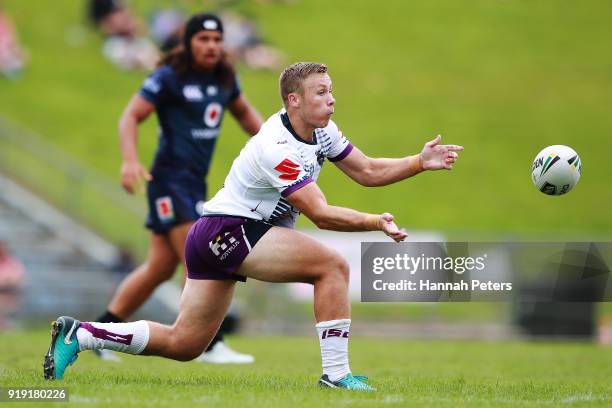 Billy Walters of Melbourne passes the ball out during the NRL trial match between the New Zealand Warriors and the Melbourne Storm at Rotorua...