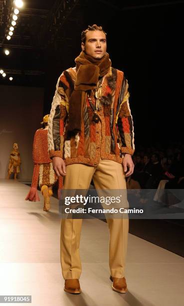 Madrid. IFEMA. 37 Edition Cibeles Footbridge. Parade of the designer Montesinos Alama. The model Enrique Miranda marching past for Montesinos Alama....