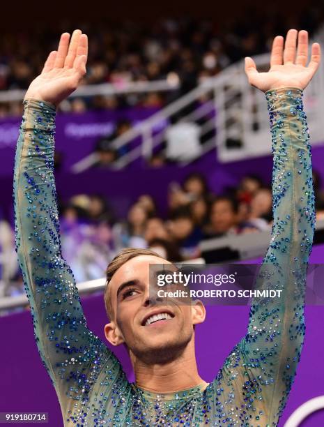 S Adam Rippon reacts after competing in the men's single skating free skating of the figure skating event during the Pyeongchang 2018 Winter Olympic...