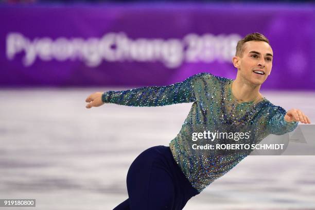 S Adam Rippon competes in the men's single skating free skating of the figure skating event during the Pyeongchang 2018 Winter Olympic Games at the...