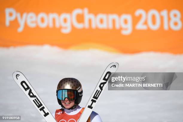 Austria's Anna Fenninger Veith reacts after crossing the finish line of the Women's Super-G at the Jeongseon Alpine Center during the Pyeongchang...