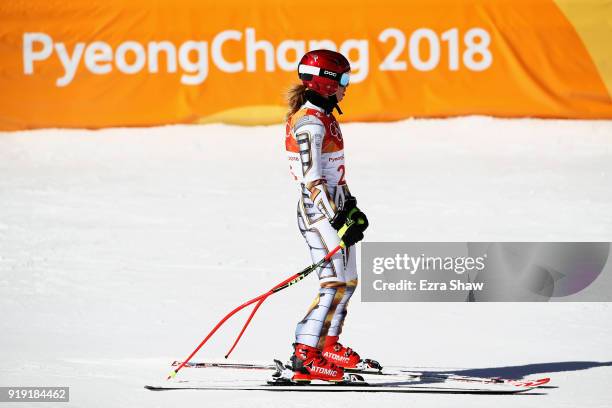 Ester Ledecka of the Czech Republic reacts at the finish during the Alpine Skiing Ladies Super-G on day eight of the PyeongChang 2018 Winter Olympic...